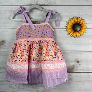 Cheeky Plum Girls 8Y Smocked Floral Print Dress Tie Shoulder Purple Pink Lace